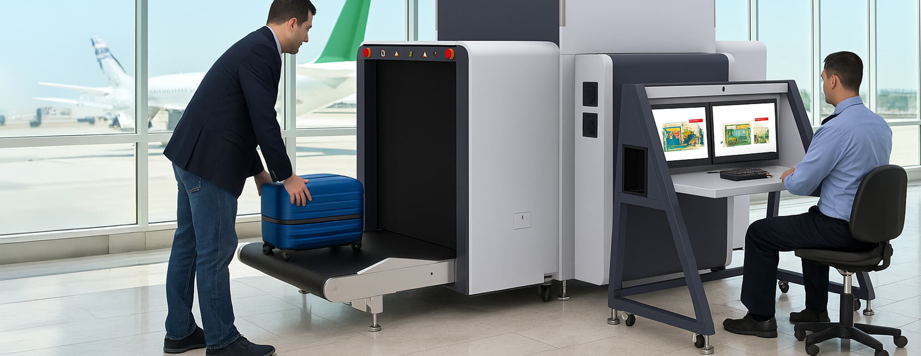 X-ray baggage scanner screening bags at a security checkpoint