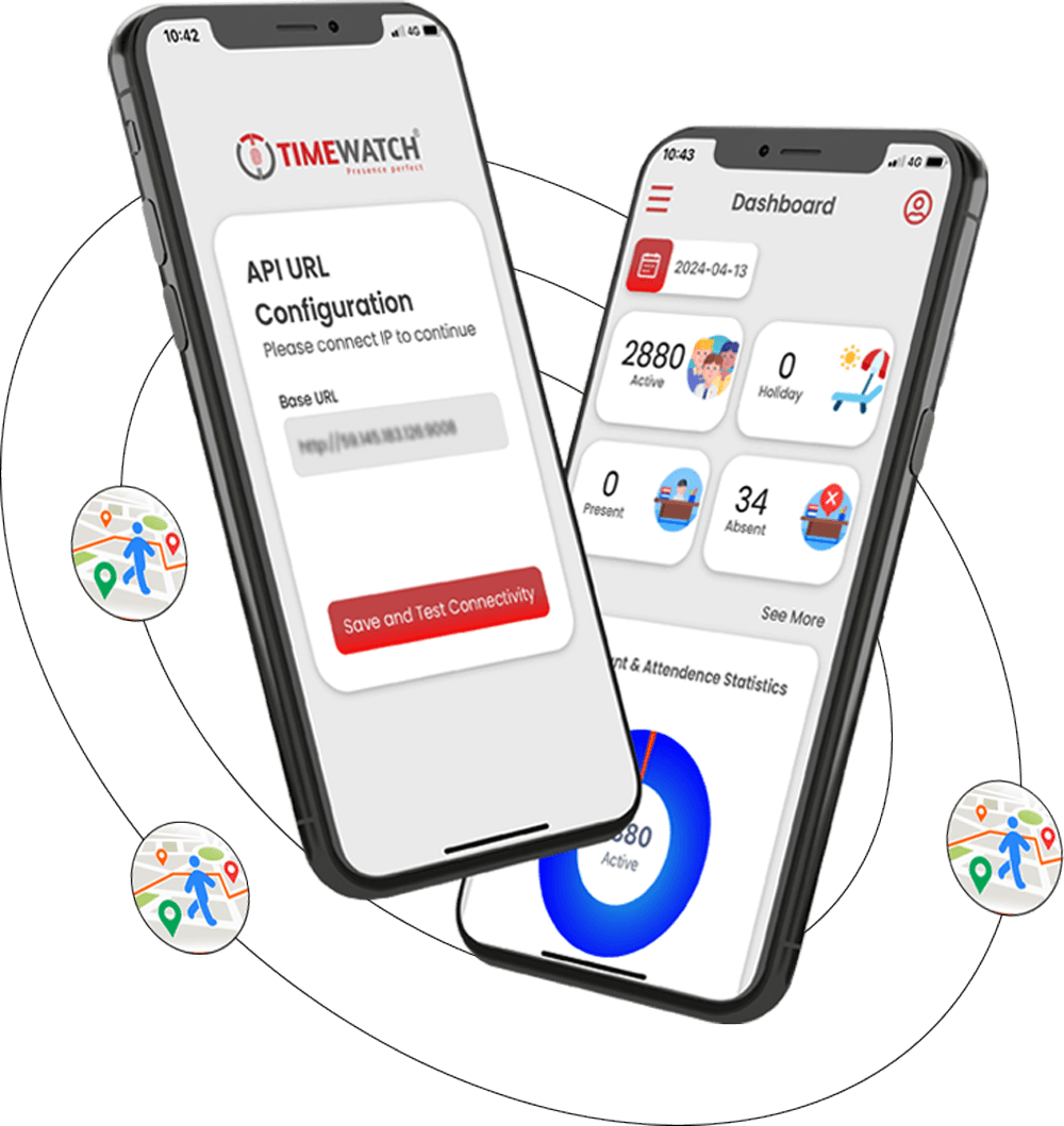 TimeWatch employee monitoring app shown on mobile devices