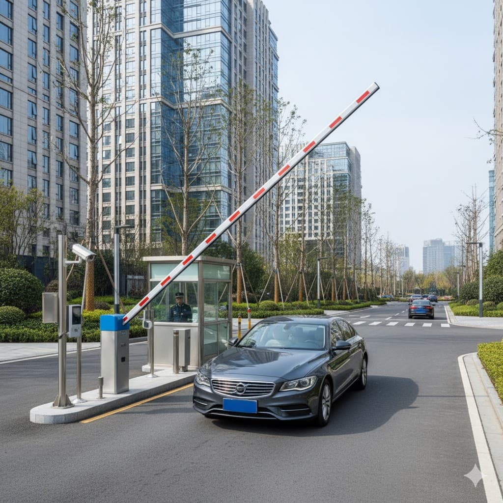 Automatic boom barrier raised as a car passes through a controlled vehicle entrance with an ANPR camera and guard booth