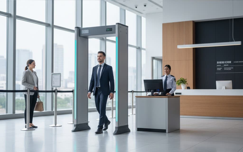Visitor walking through a door frame metal detector archway at a building lobby entrance