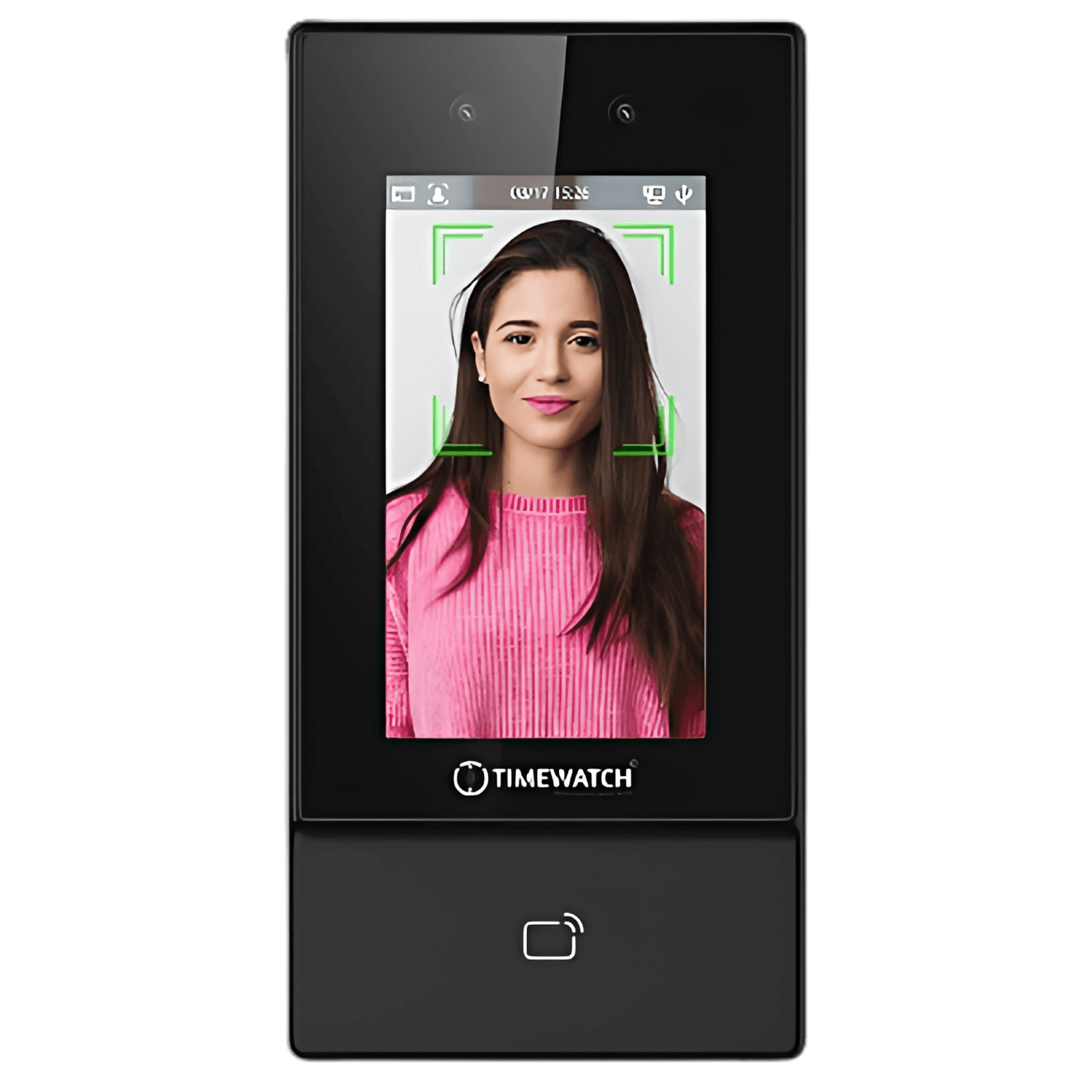 TimeWatch face recognition attendance terminal with card reader showing a face being captured