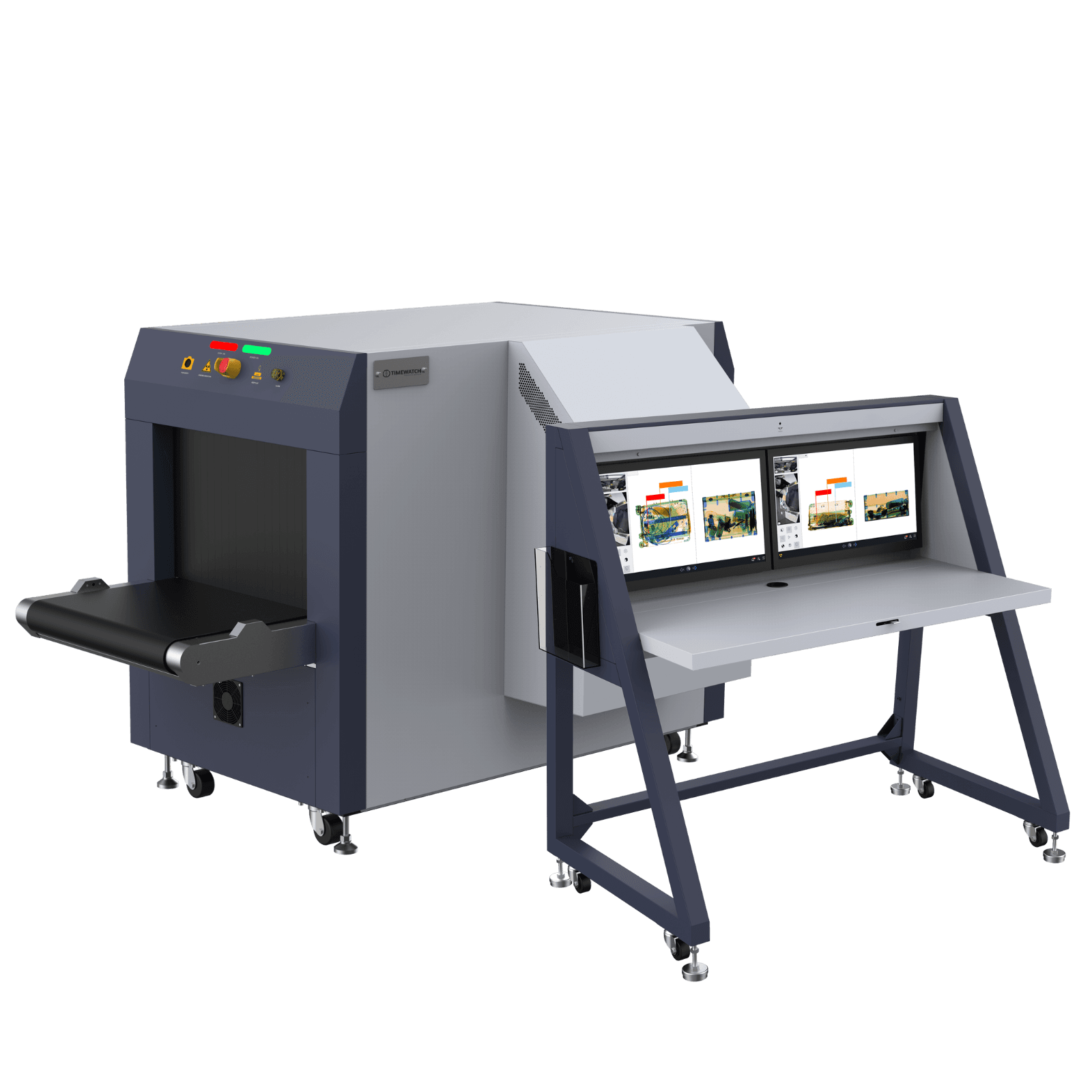 TimeWatch X-ray baggage scanner with a dual-screen operator console, one of the screening layers a body scanner sits alongside