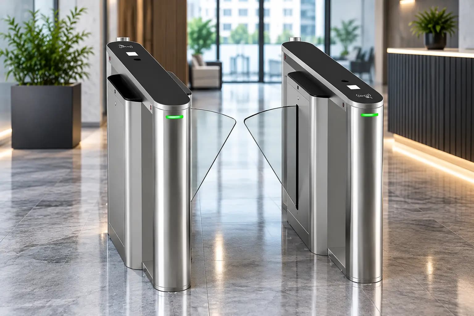 Speed gate lanes in a corporate headquarters reception in Saudi Arabia with the flaps retracted as a person walks through