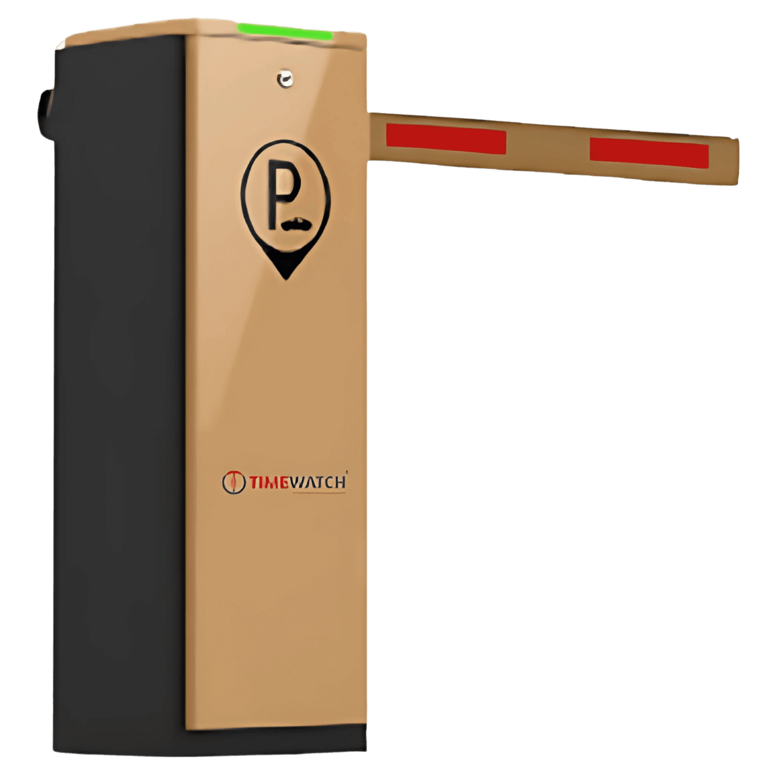 TimeWatch parking boom barrier with a parking symbol on the cabinet and an illuminated status strip