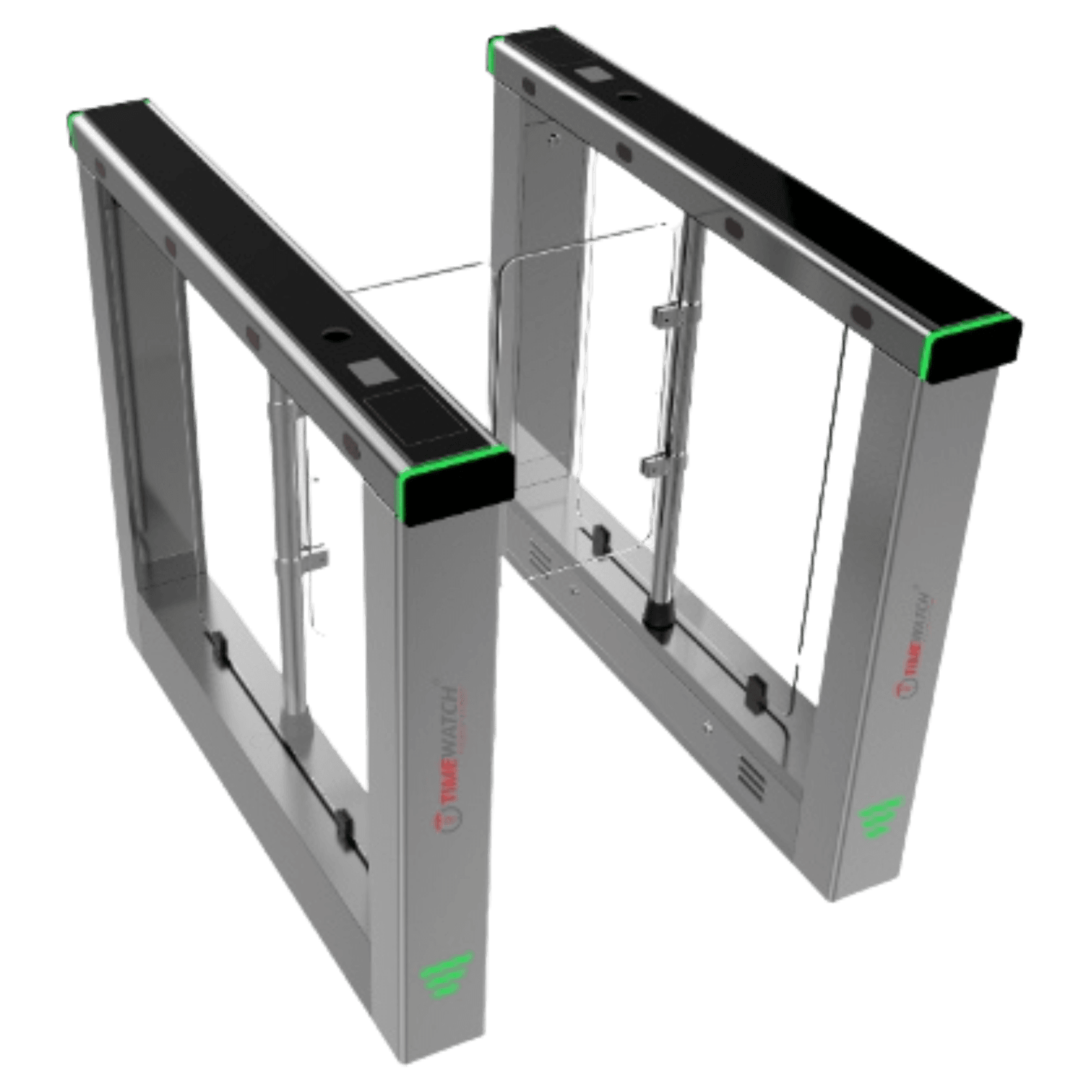 TimeWatch swing barrier with glass swing flaps and illuminated pedestal tops