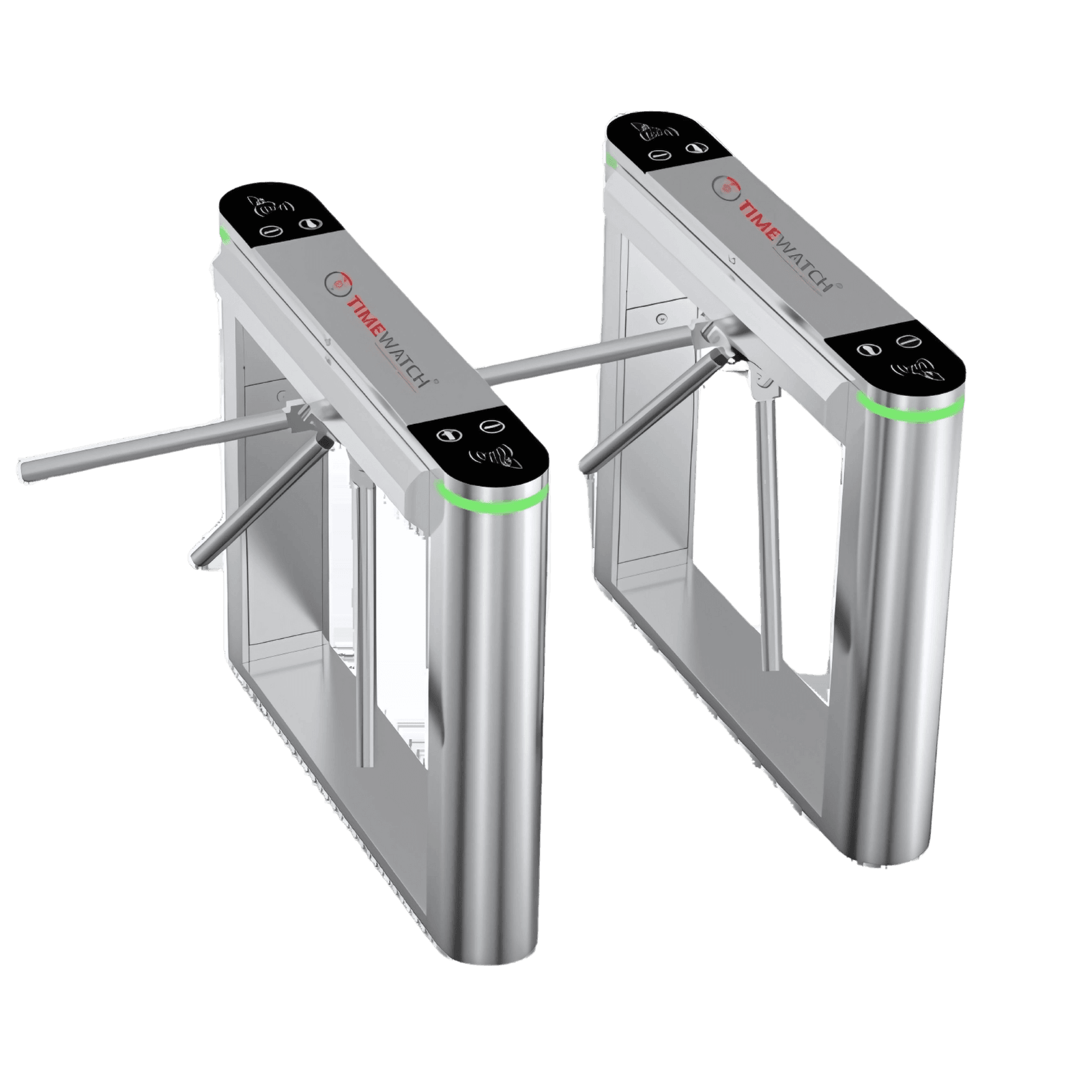 TimeWatch tripod turnstile with two pedestals, three-arm rotor and illuminated reader tops