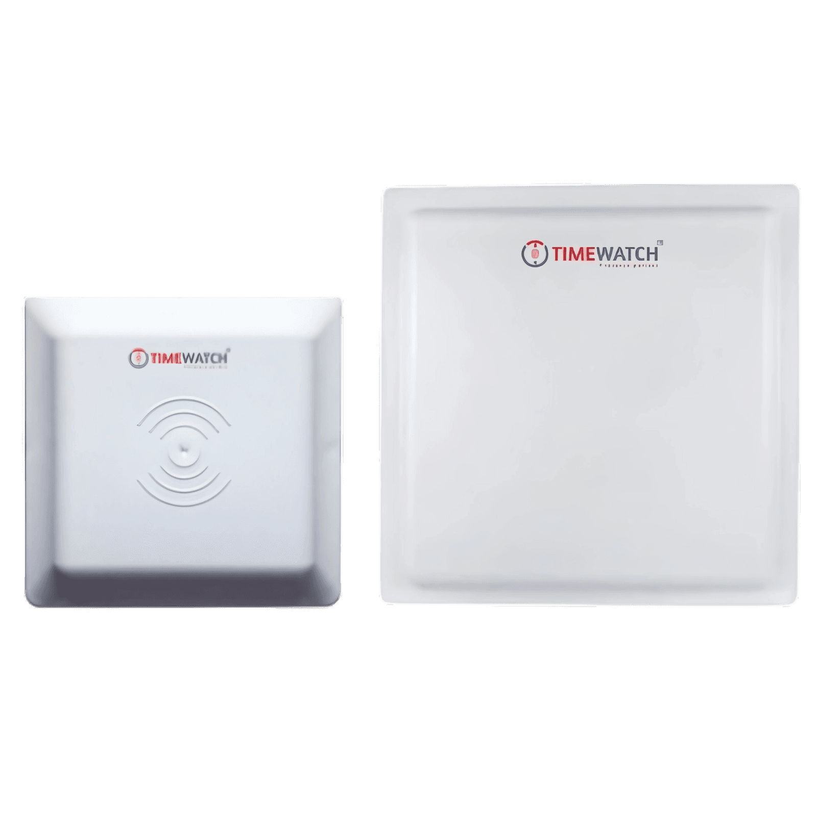 Two TimeWatch UHF RFID reader antennas, a compact model and a larger long-range model, side by side