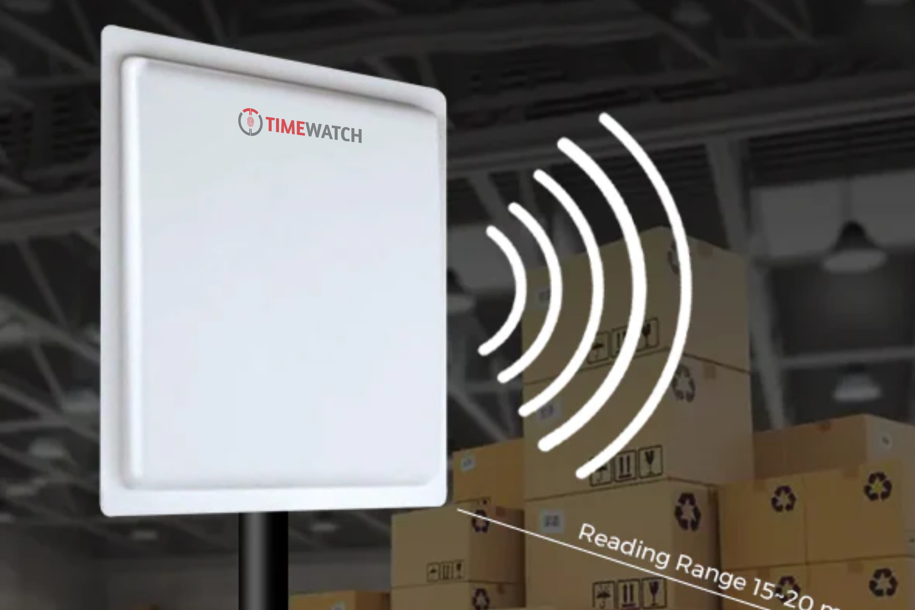 TimeWatch long-range UHF RFID panel reader emitting radio waves to identify tags from a distance