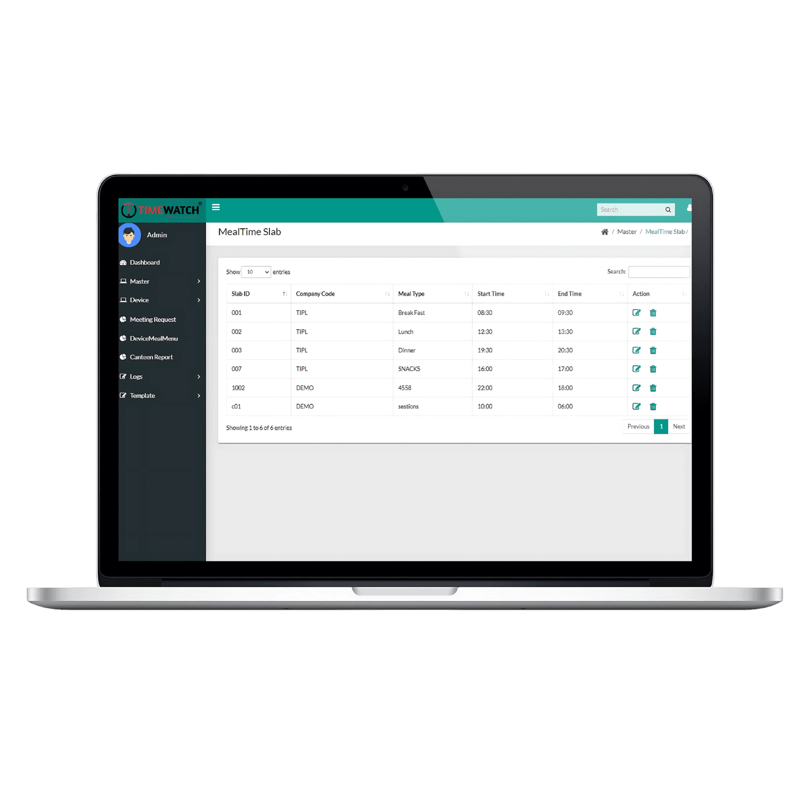 TimeWatch canteen management software showing meal-time slab configuration with breakfast, lunch, dinner and snack slots
