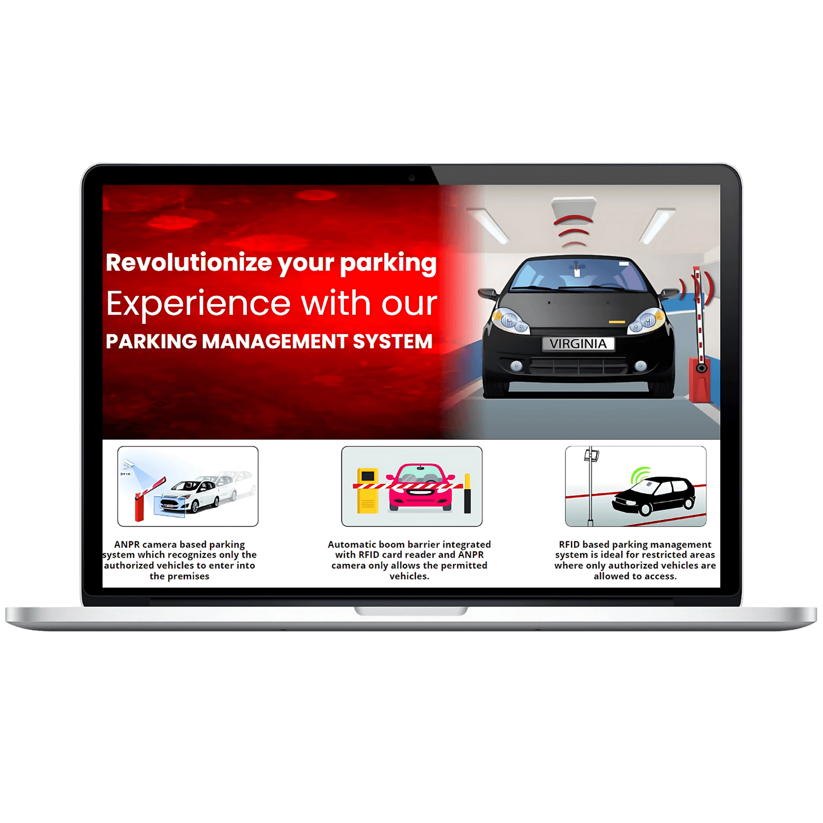 TimeWatch parking management software shown on a laptop with ANPR, boom barrier and RFID access methods
