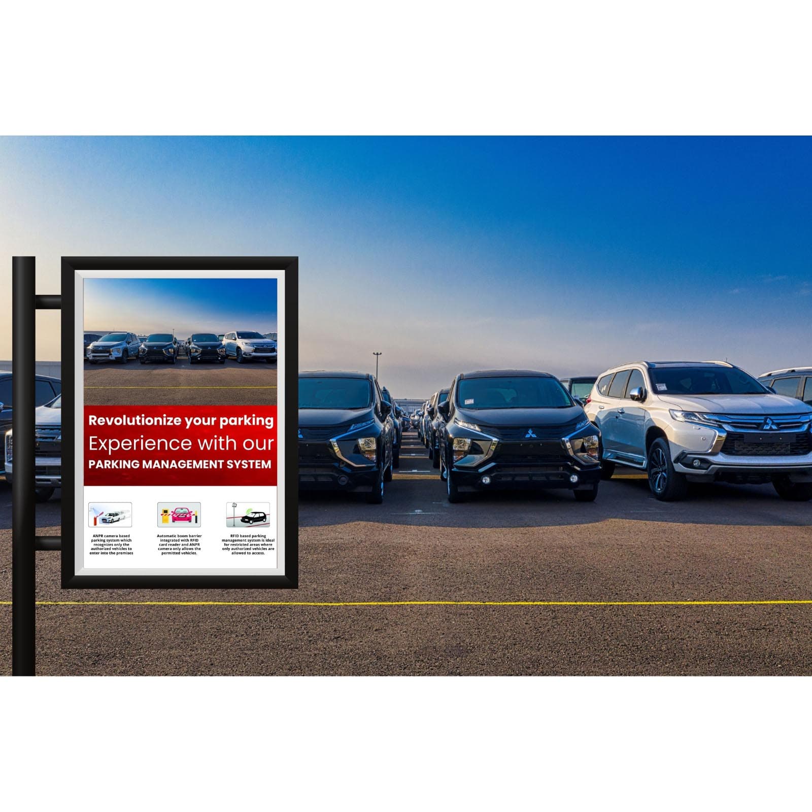 Large parking facility filled with vehicles alongside parking management system signage