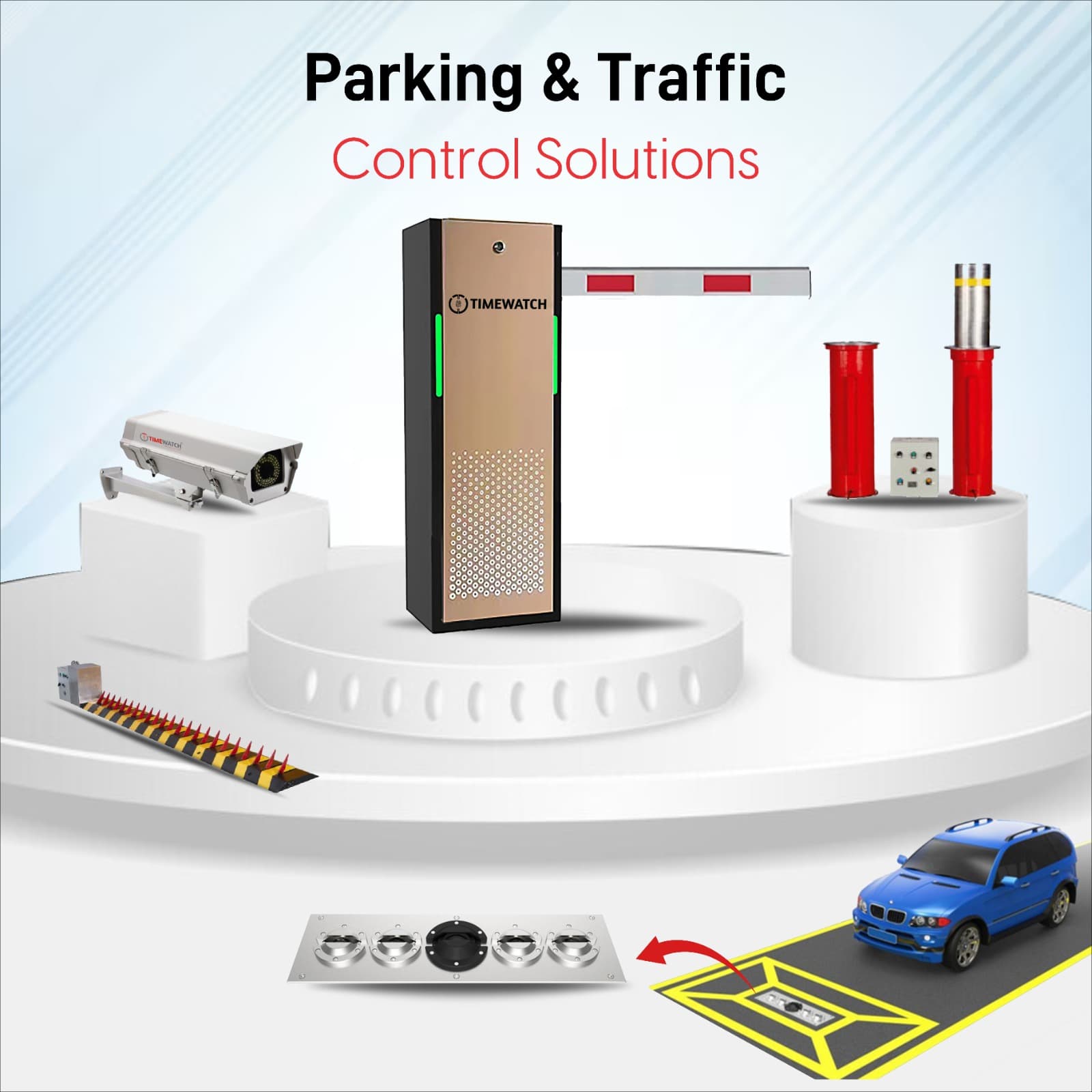 TimeWatch parking and traffic control range including automatic boom barrier, ANPR camera, bollards and spike barrier