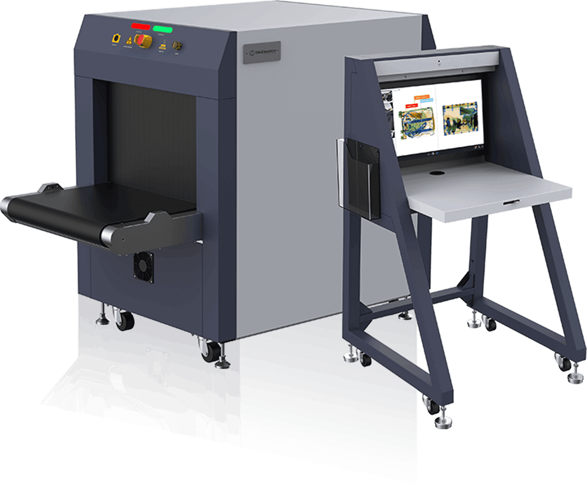 TimeWatch X-ray baggage scanner with conveyor tunnel and operator console displaying colour-coded scan images