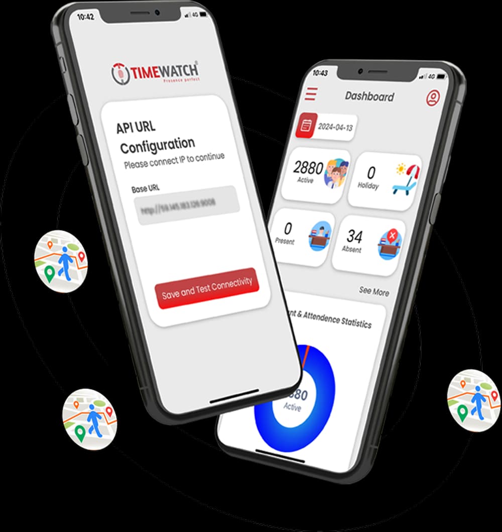 TimeWatch employee monitoring app shown on mobile devices
