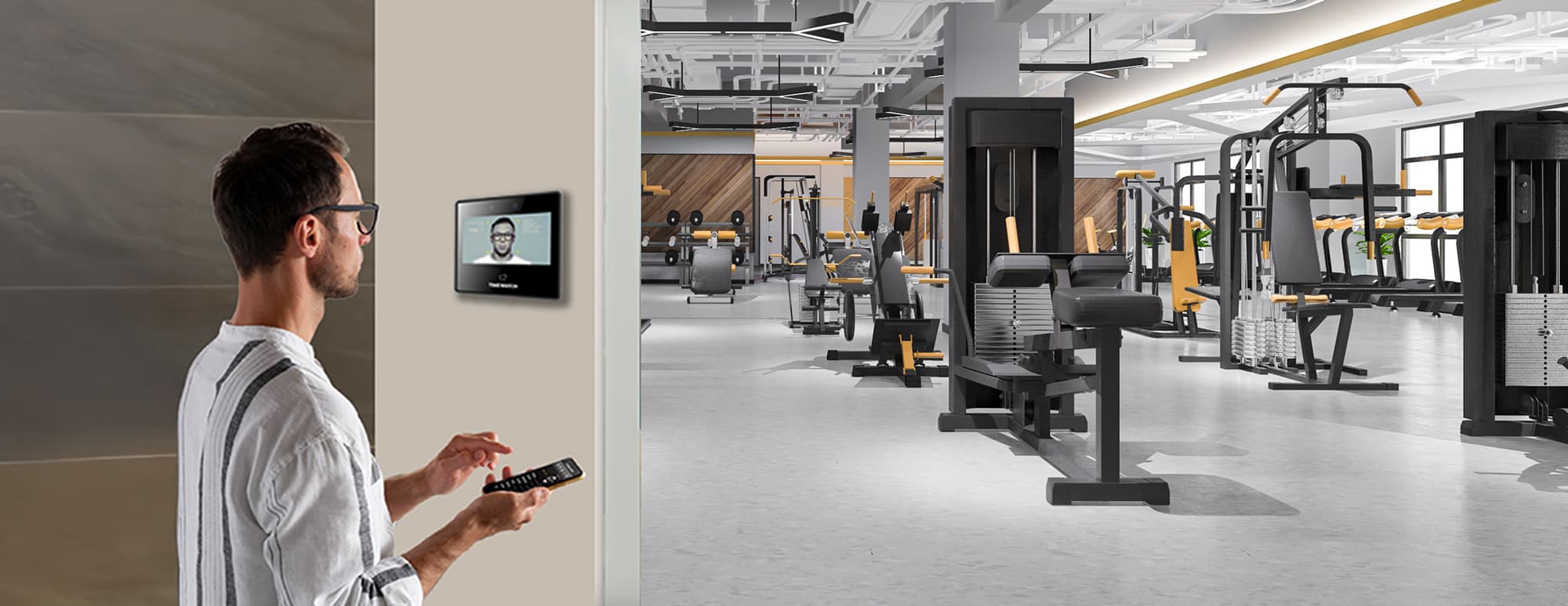 Gym member checking in at a biometric access terminal