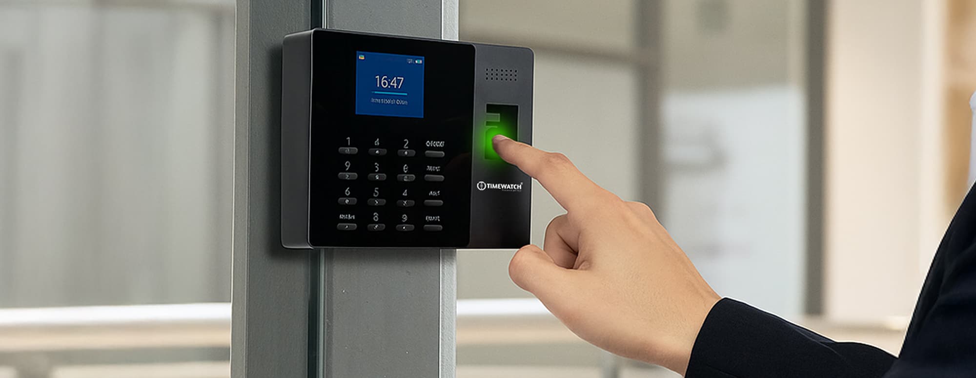 Employee unlocking a door using an access control reader
